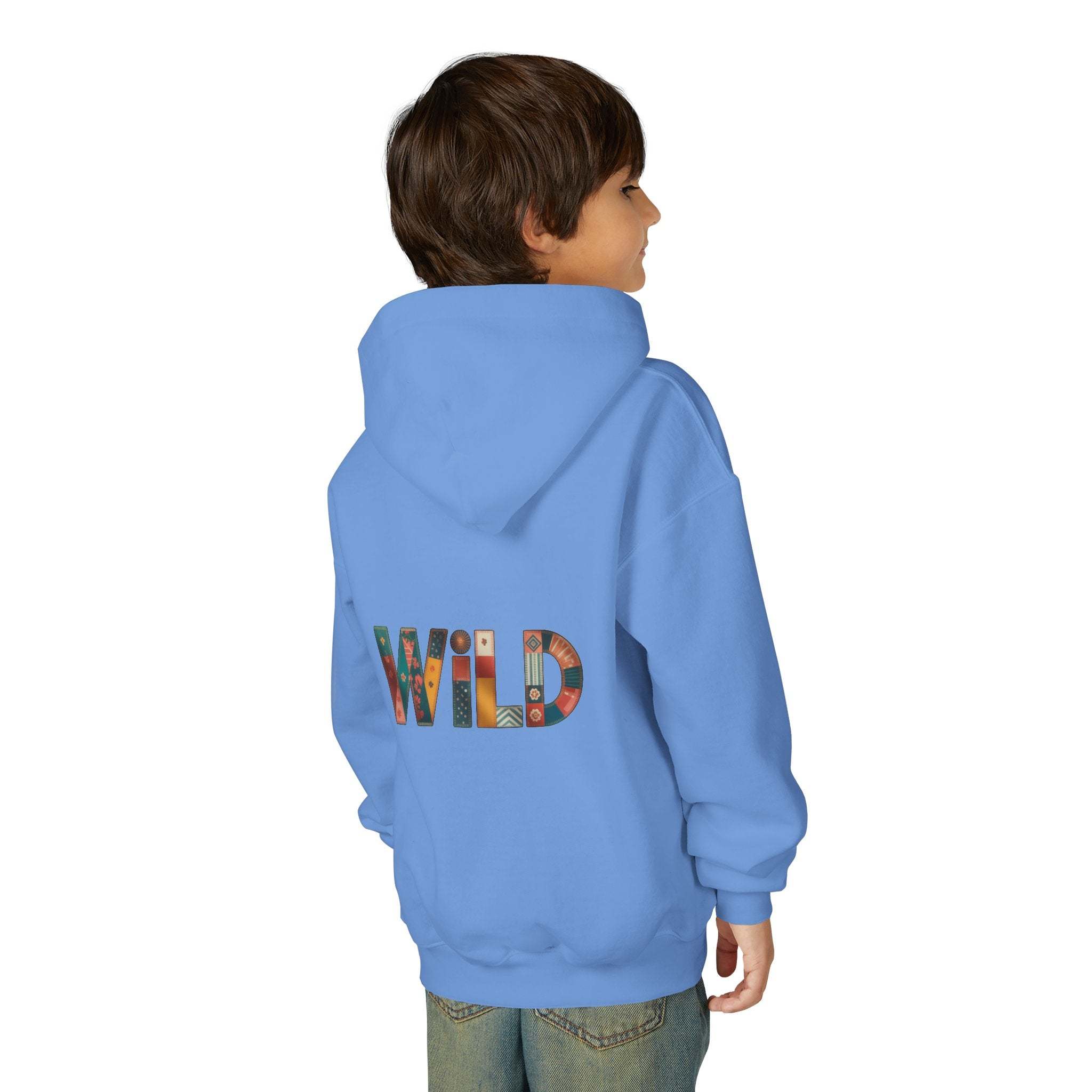 Child wearing a blue Patchwork Wild Word Hoodie with colorful "WILD" text on the back and a kangaroo pocket.