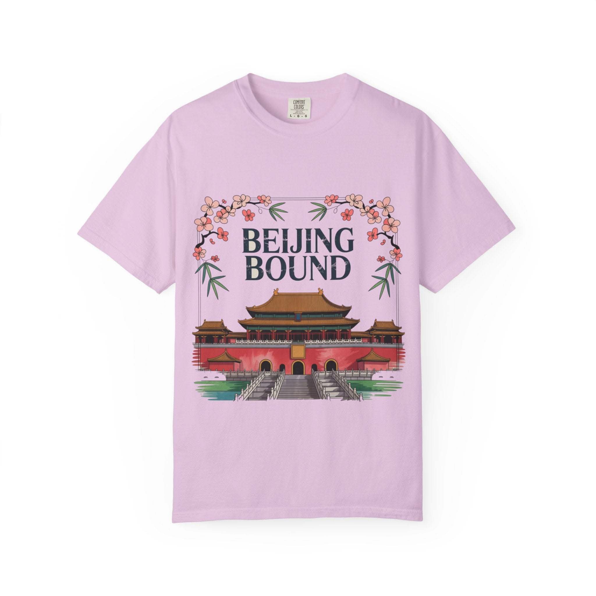 White travel t-shirt with 'Beijing Bound' graphic, suitable for adventures by Printify