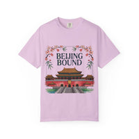 White travel t-shirt with 'Beijing Bound' graphic, suitable for adventures by Printify