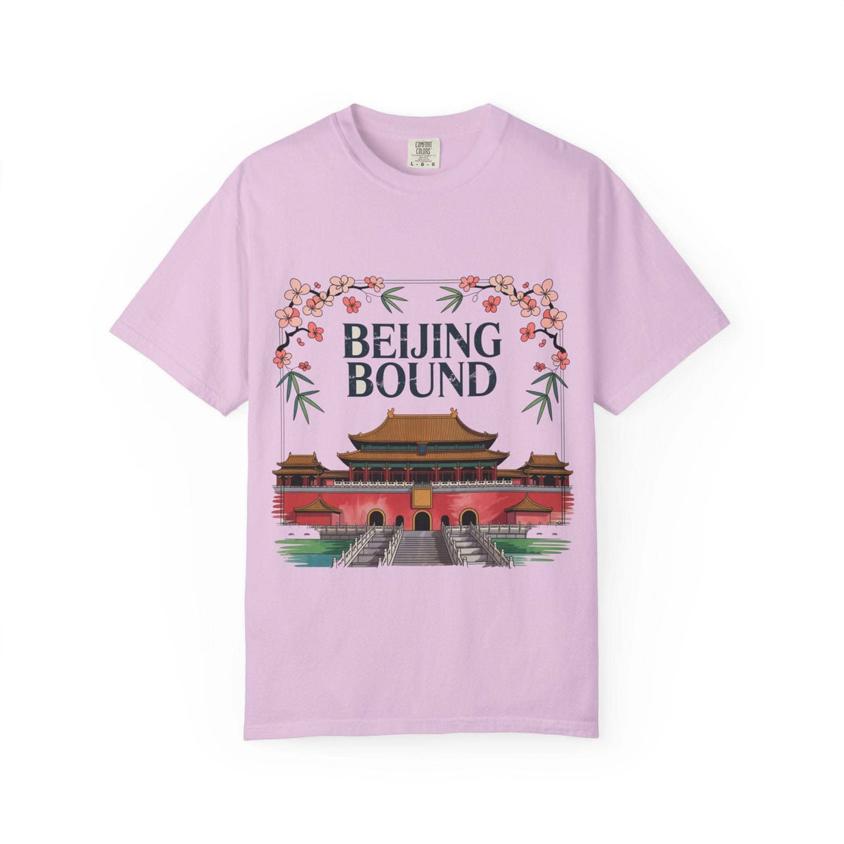 White travel t-shirt with 'Beijing Bound' graphic, suitable for adventures by Printify