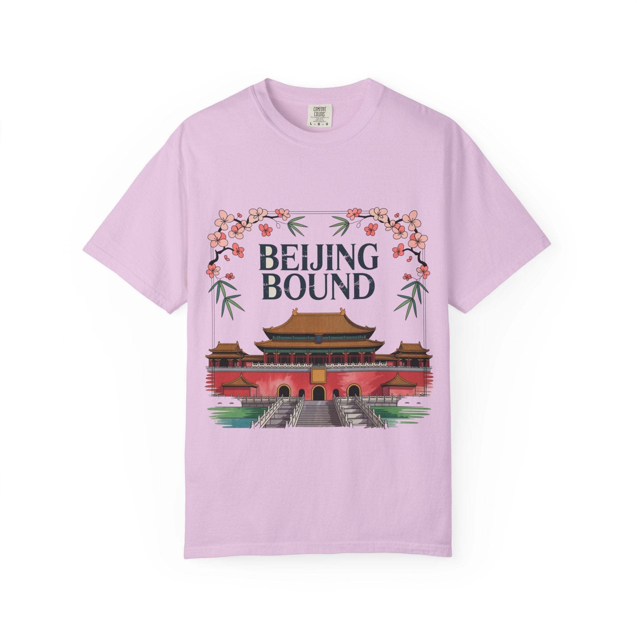 White travel t-shirt with 'Beijing Bound' graphic, suitable for adventures by Printify