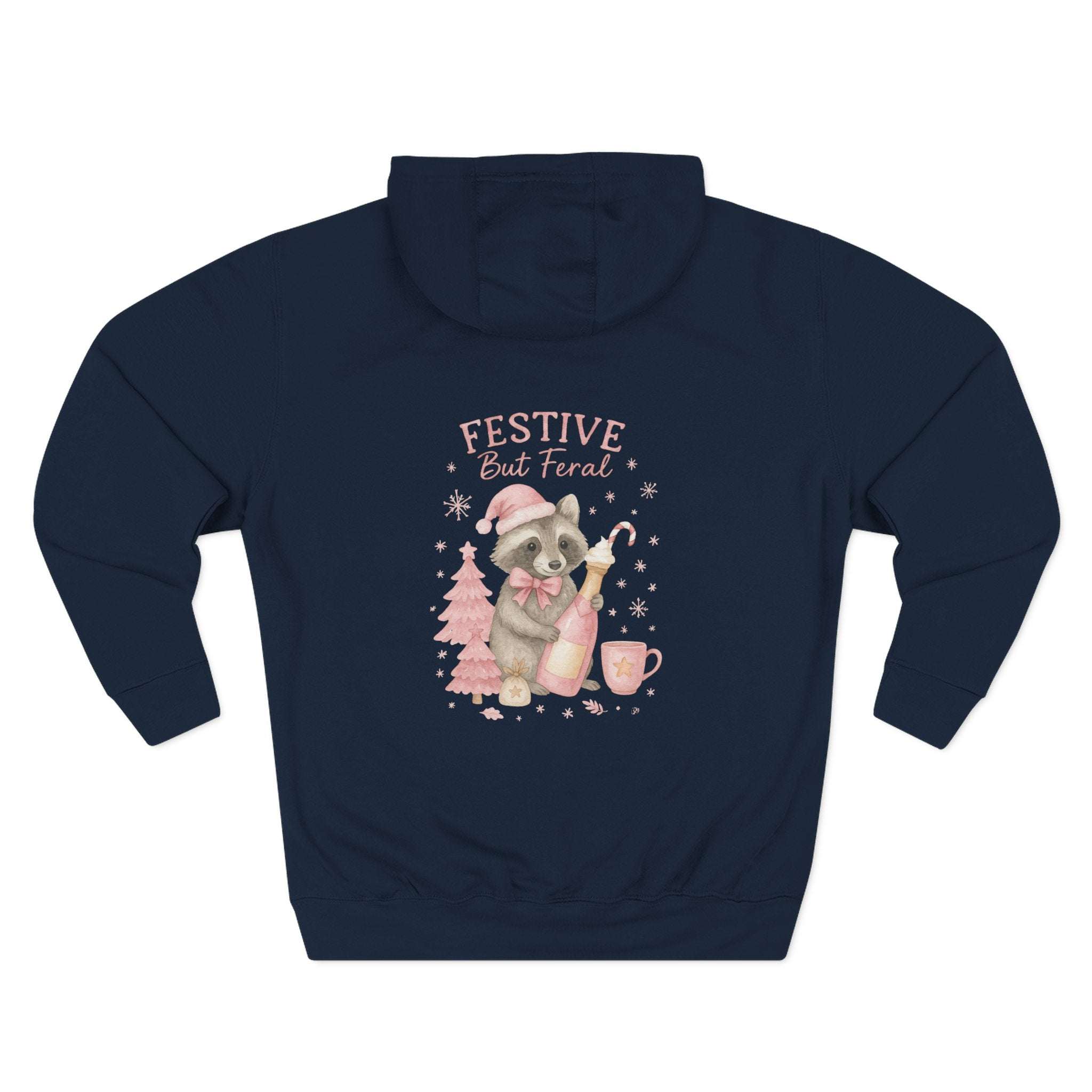 Navy fleece hoodie with festive raccoon design and adjustable hood