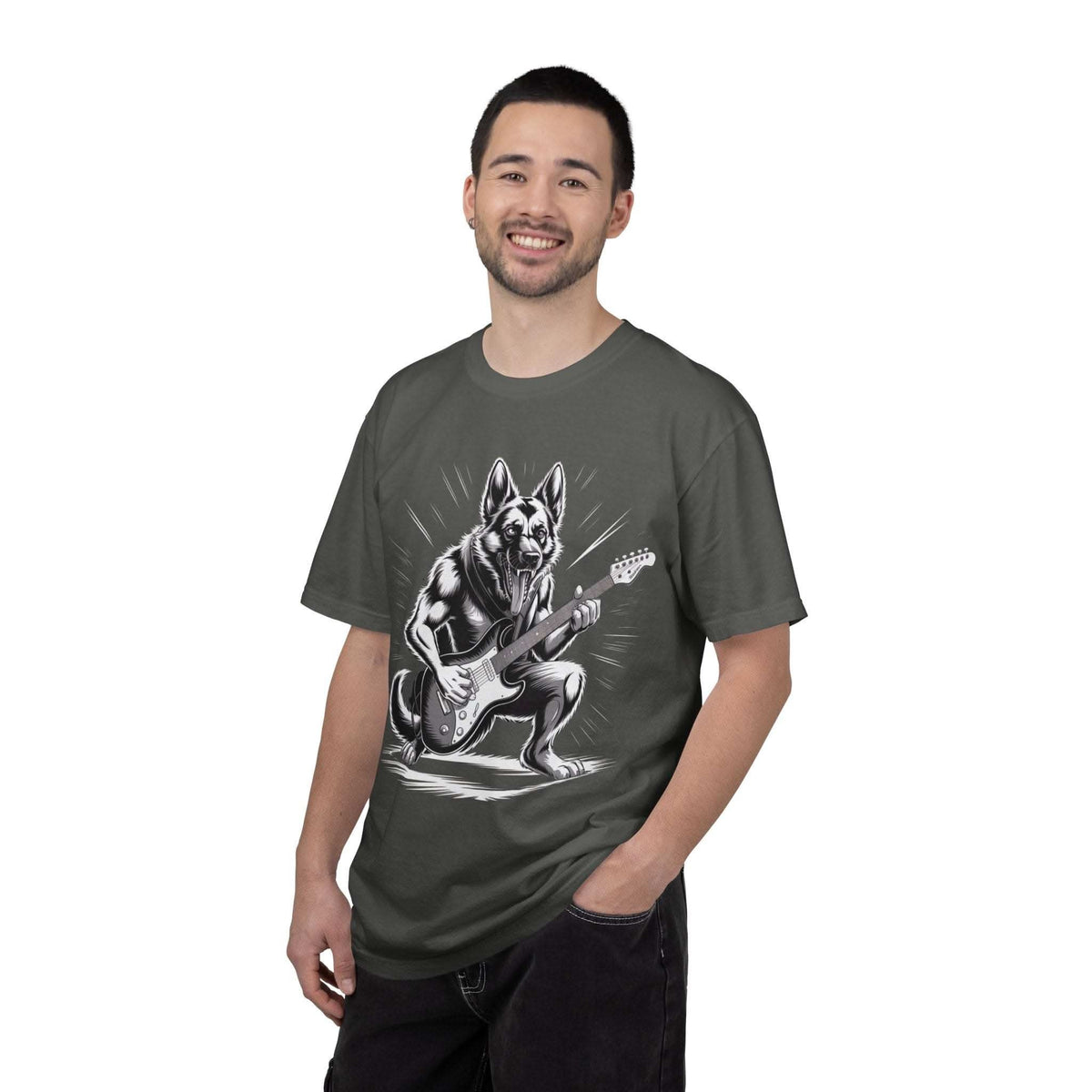 Man wearing Heavy Metal German Shepherd graphic tee with guitar illustration on chest