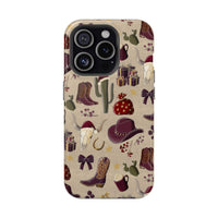Cowboy Christmas design phone case for iPhone 17 in glossy finish by Printify, featuring festive colors and patterns.