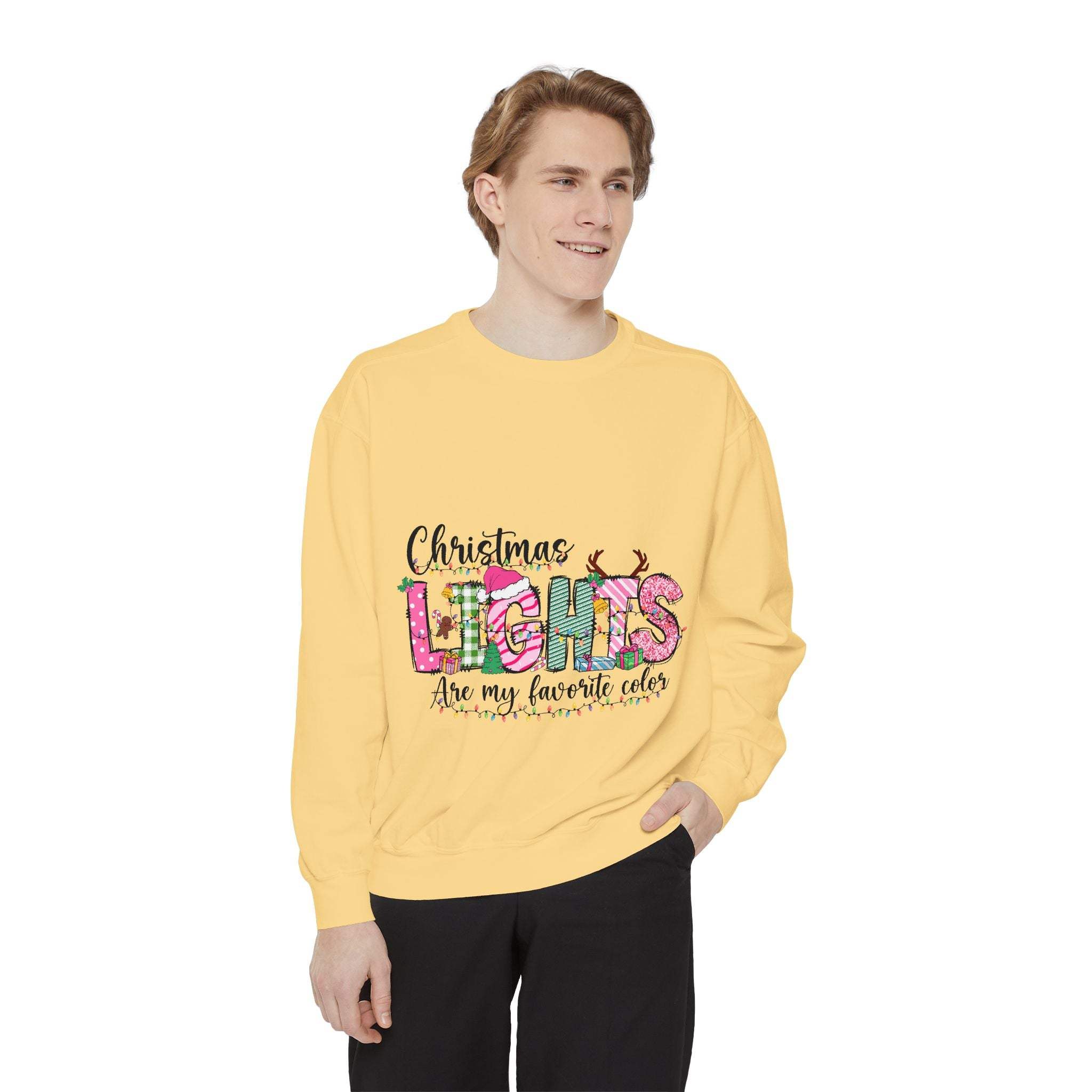White garment-dyed sweatshirt featuring festive Christmas lights design by Printify