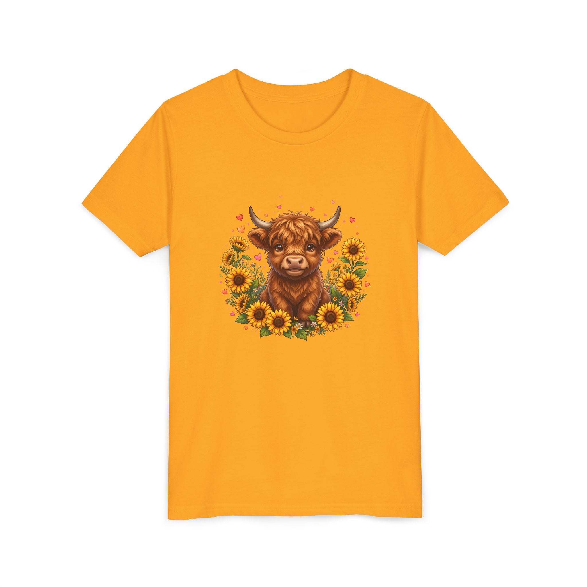 Highland Cow with Sunflowers Youth Tee | Cute Calf Floral Kids Shirt