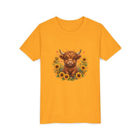 Youth tee featuring Highland Cow with Sunflowers design on soft cotton fabric