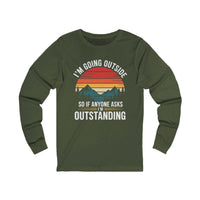 Long sleeve hiking t-shirt with vintage sunset mountains and playful outdoor phrase design