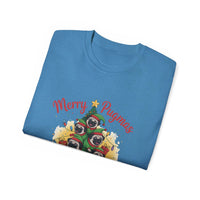 Black Merry Pugmas holiday t-shirt from Printify, featuring festive pug design for dog lovers.