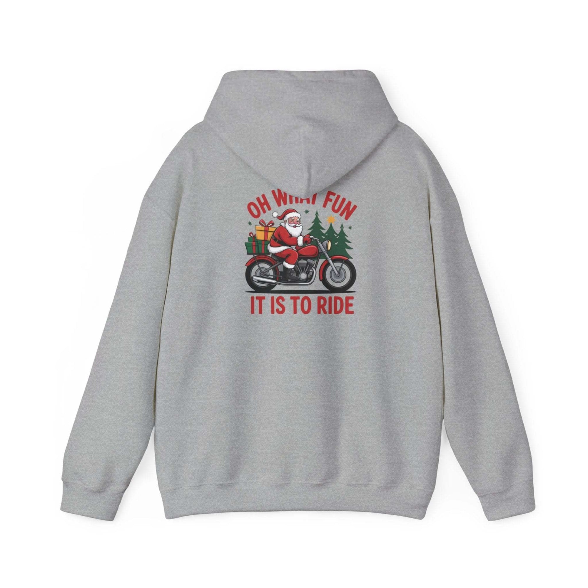 Santa motorcycle hoodie in black, featuring festive graphics, perfect for holiday celebrations and motorcycle enthusiasts.