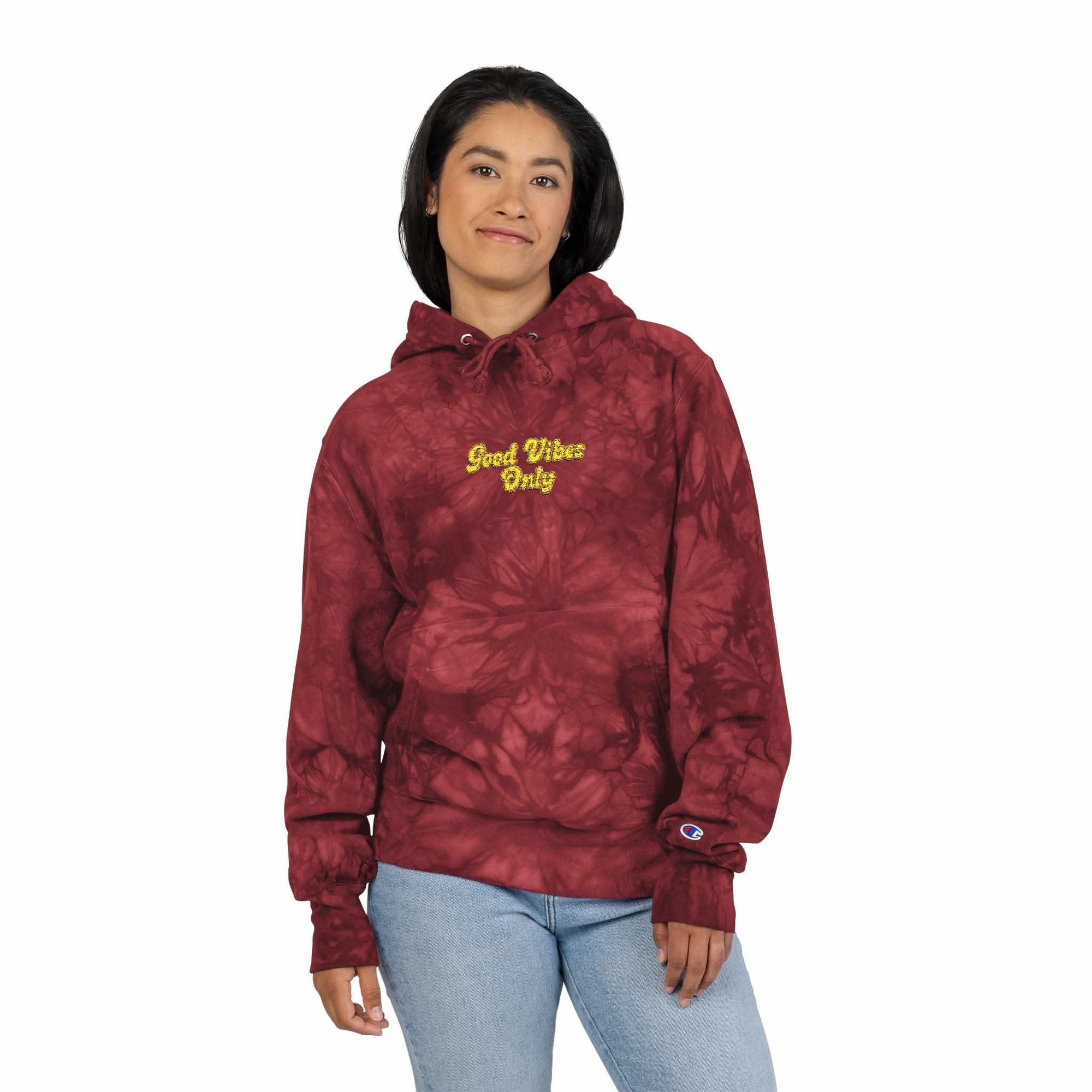 Mulled Berry tie-dye hoodie with 'Good Vibes Only' embroidery by Printify