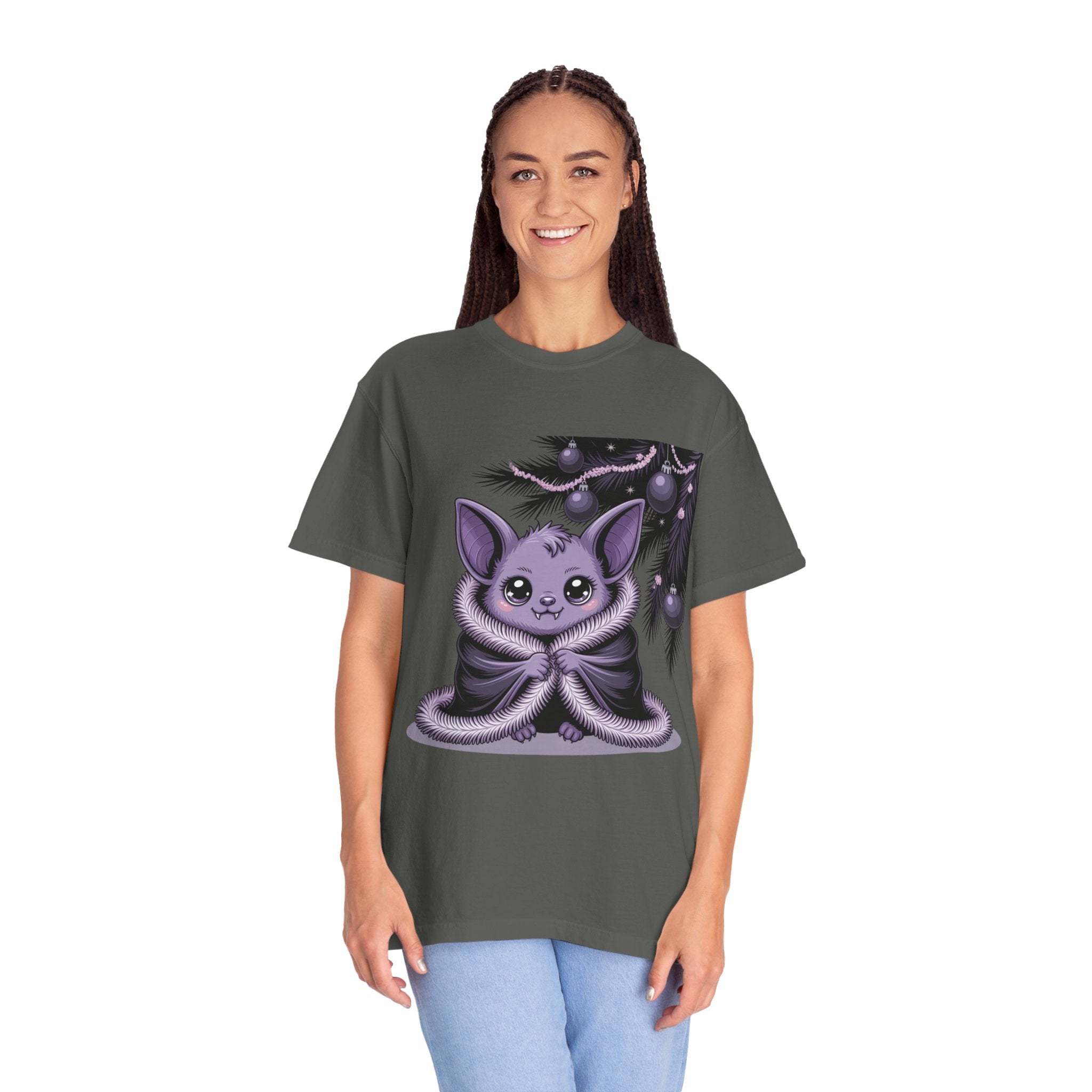 Gothmas Bat T-Shirt with vintage purple bat graphic on dark garment-dyed cotton tee