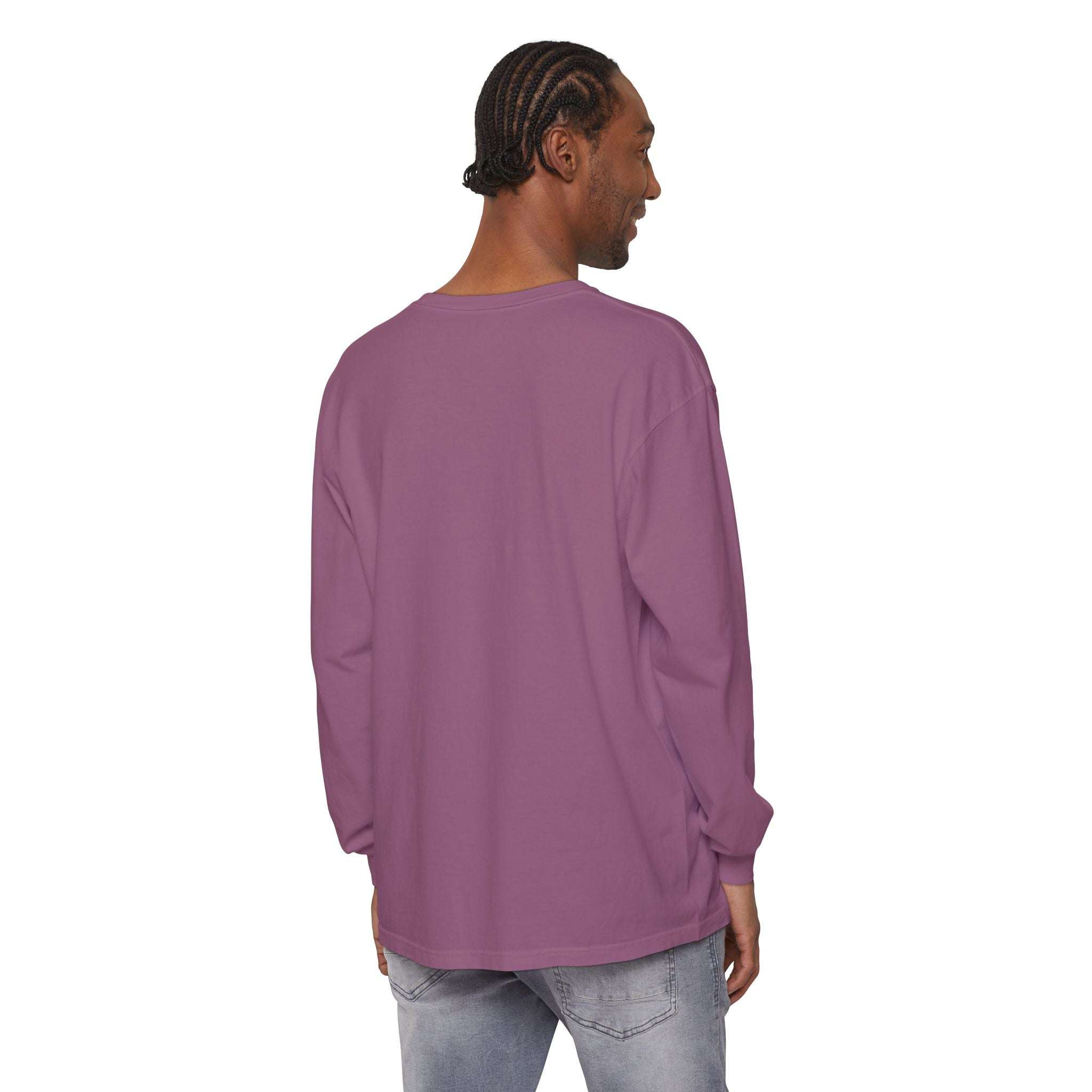 Man wearing preppy pink watercolor long sleeve t-shirt shown from back