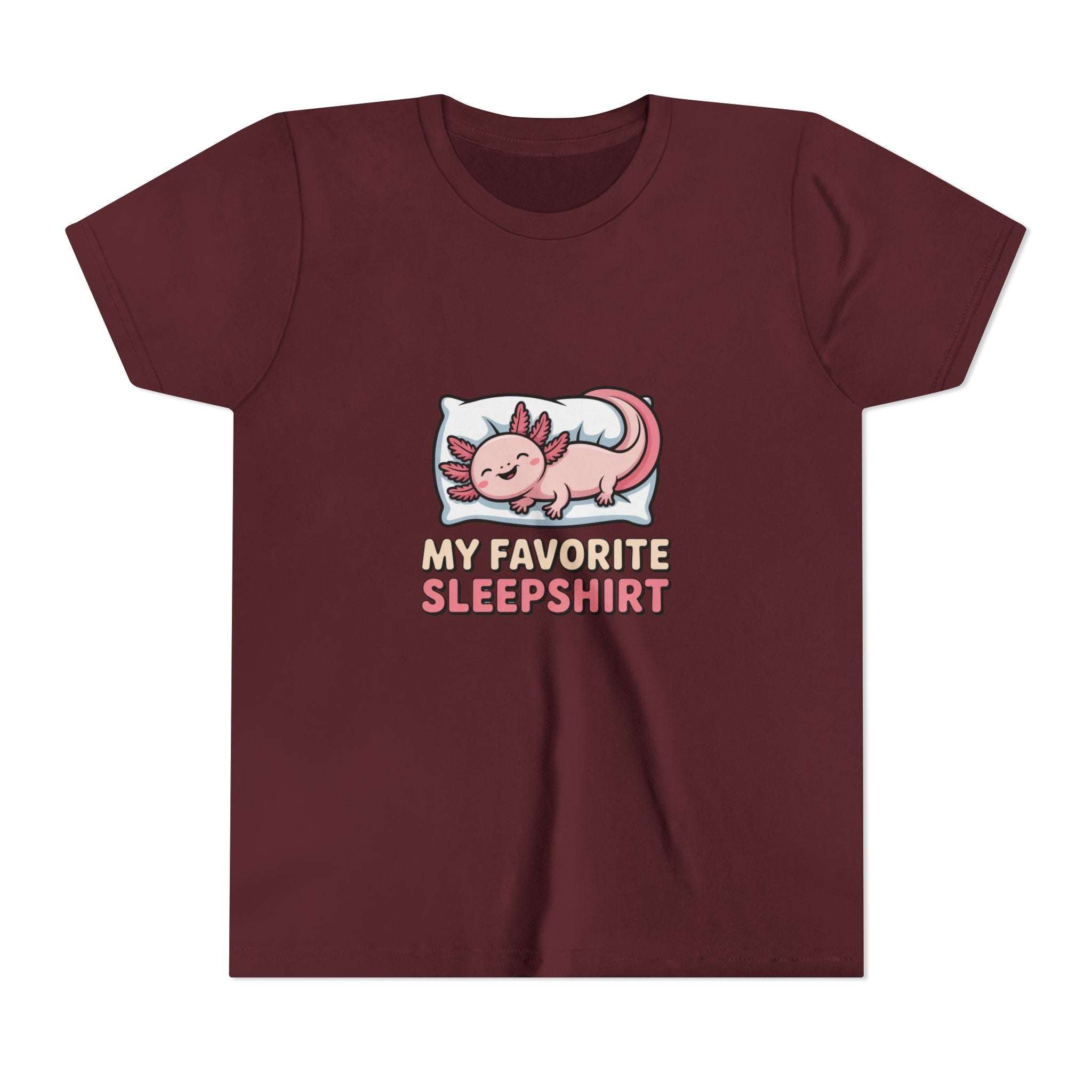 Maroon t-shirt with axolotl graphic and text on a white background