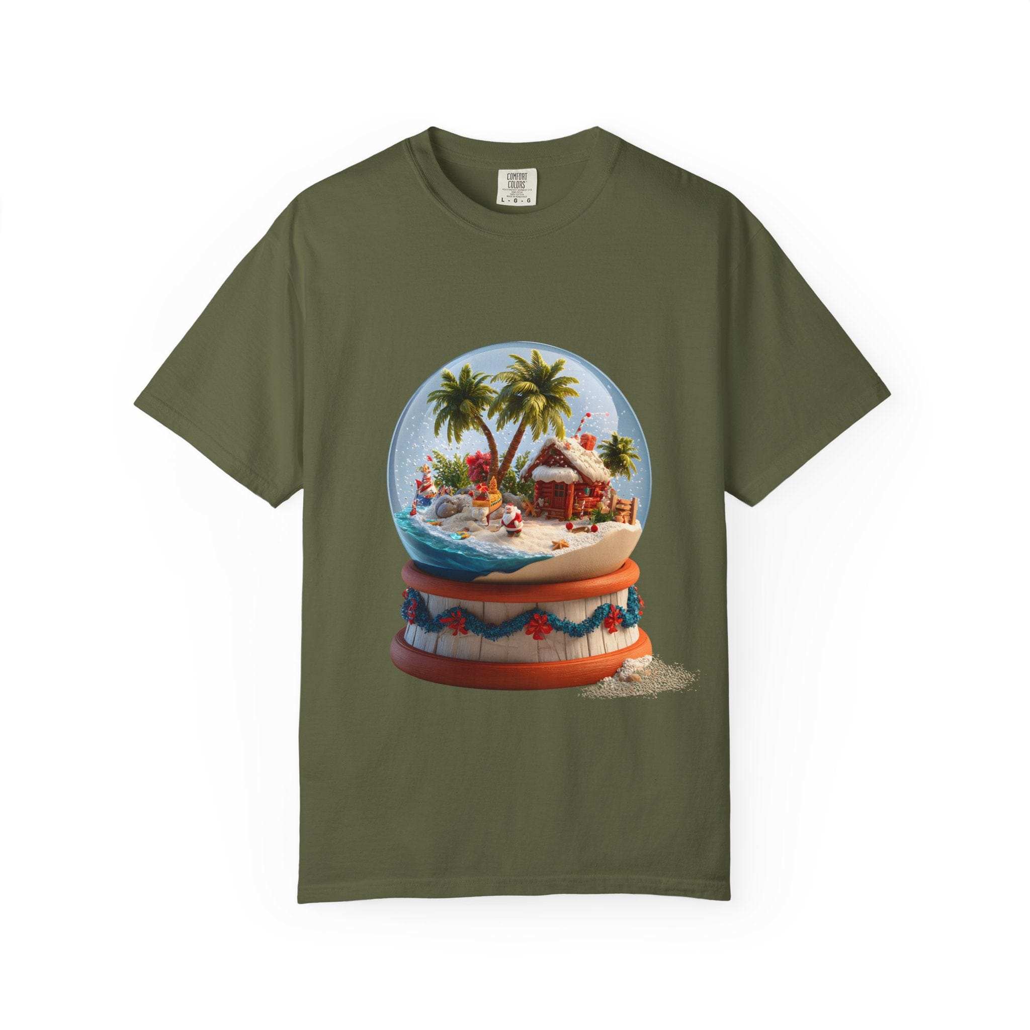 Tropical Snow Globe T-shirt in black, casual summer wear with vibrant design by Printify