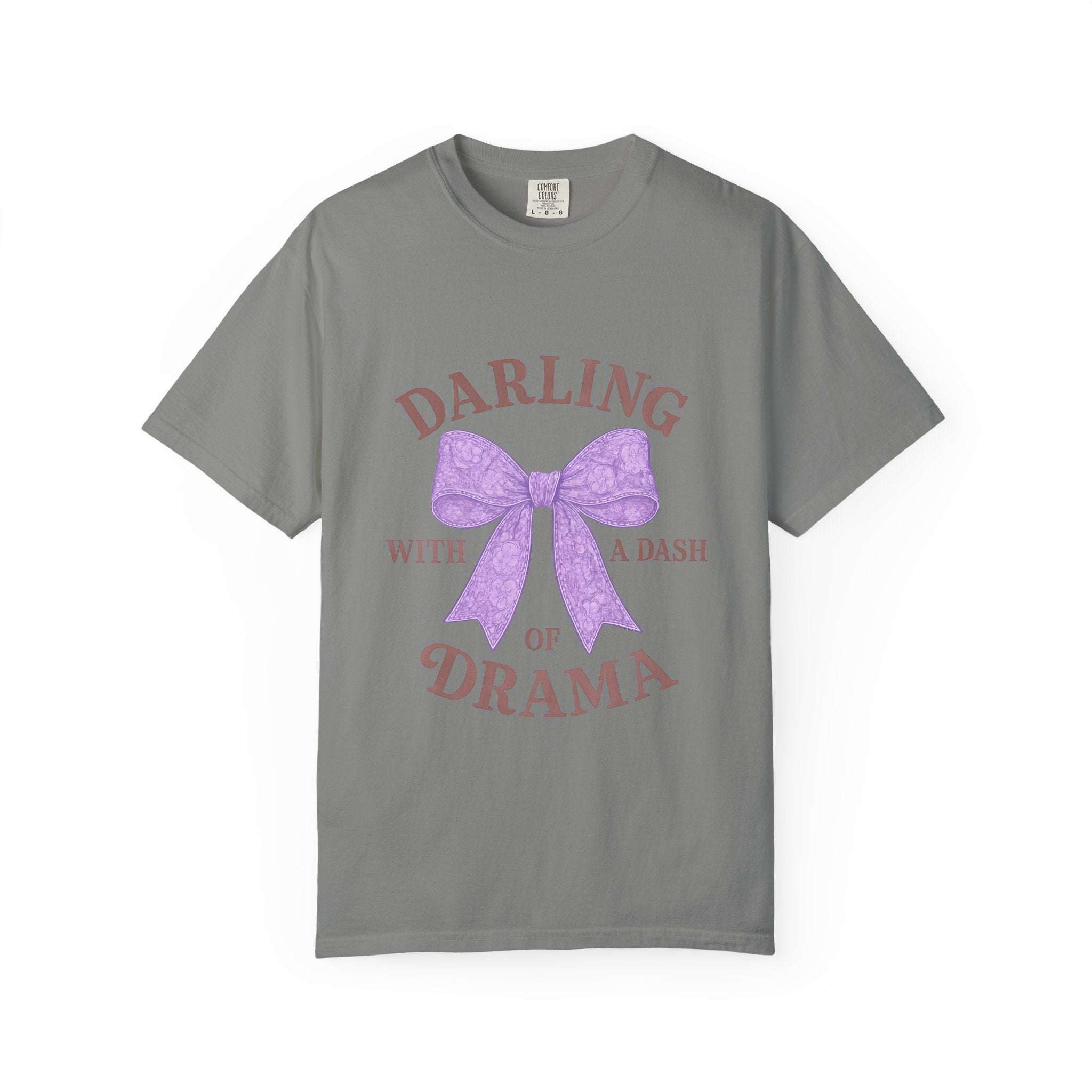 Gray t-shirt with a purple bow and text on a white background
