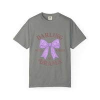 Gray t-shirt with a purple bow and text on a white background