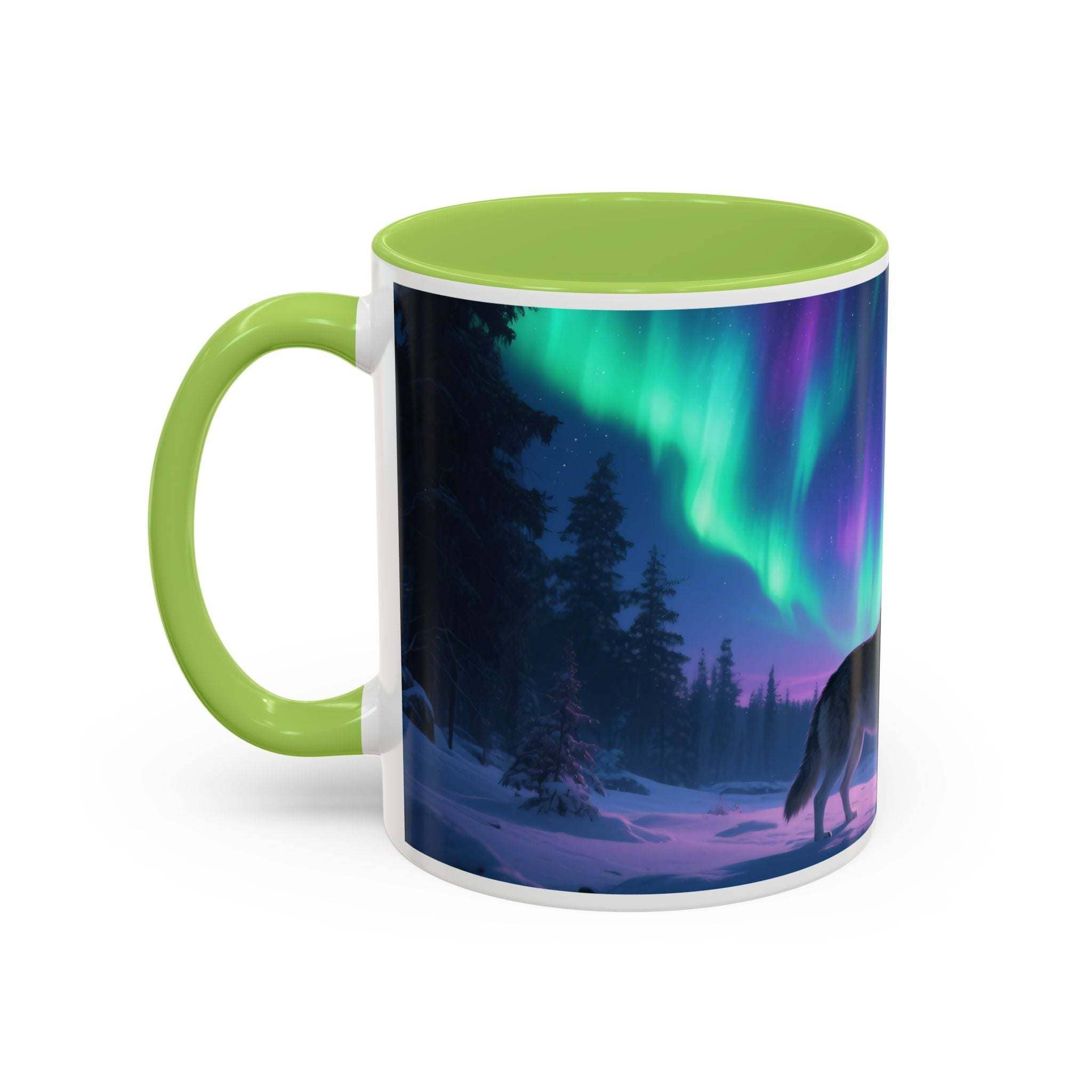 Howling wolf aurora mug with green handle and northern lights design on white ceramic cup