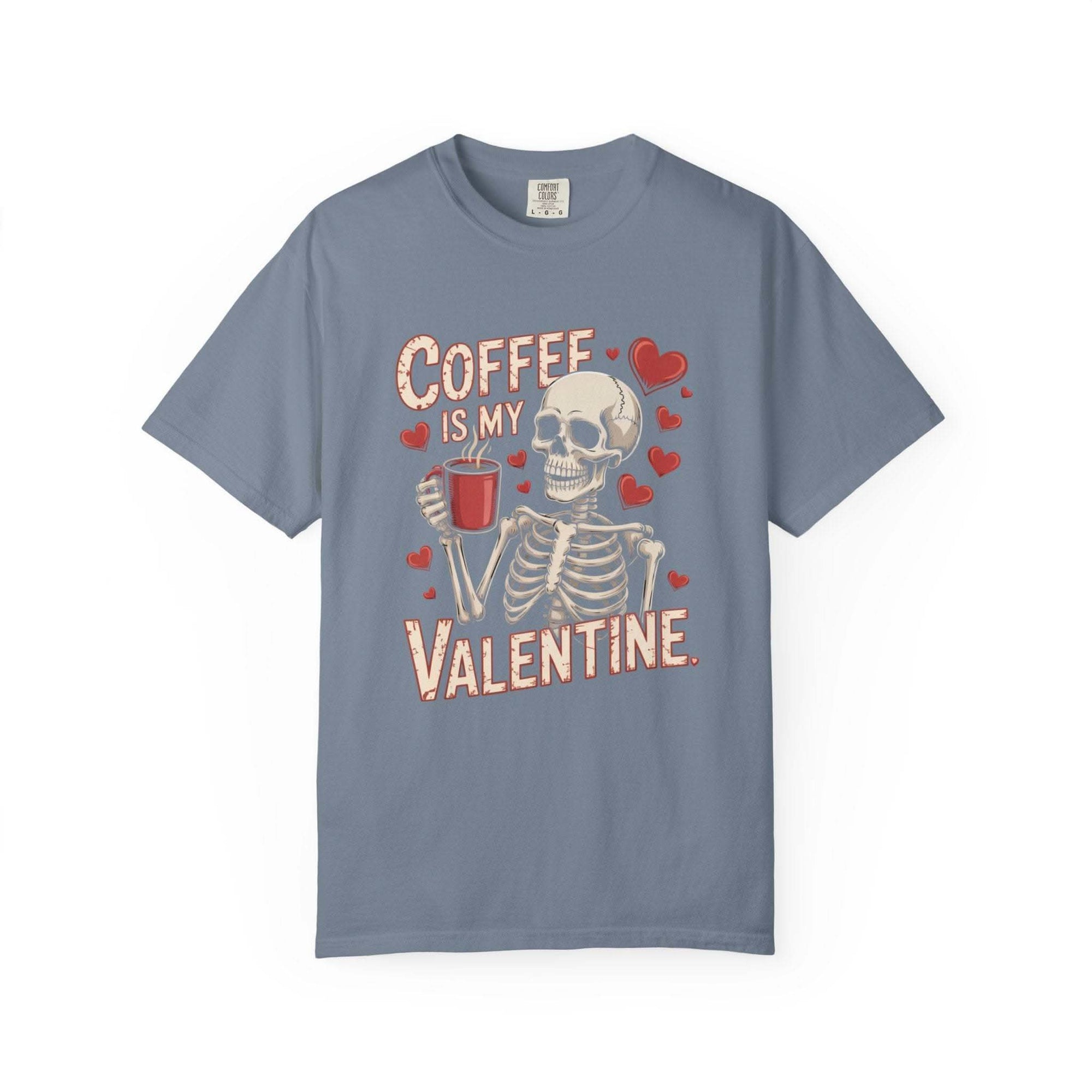 Skeleton T-shirt with Coffee Is My Valentine graphic in vintage washed color and relaxed fit