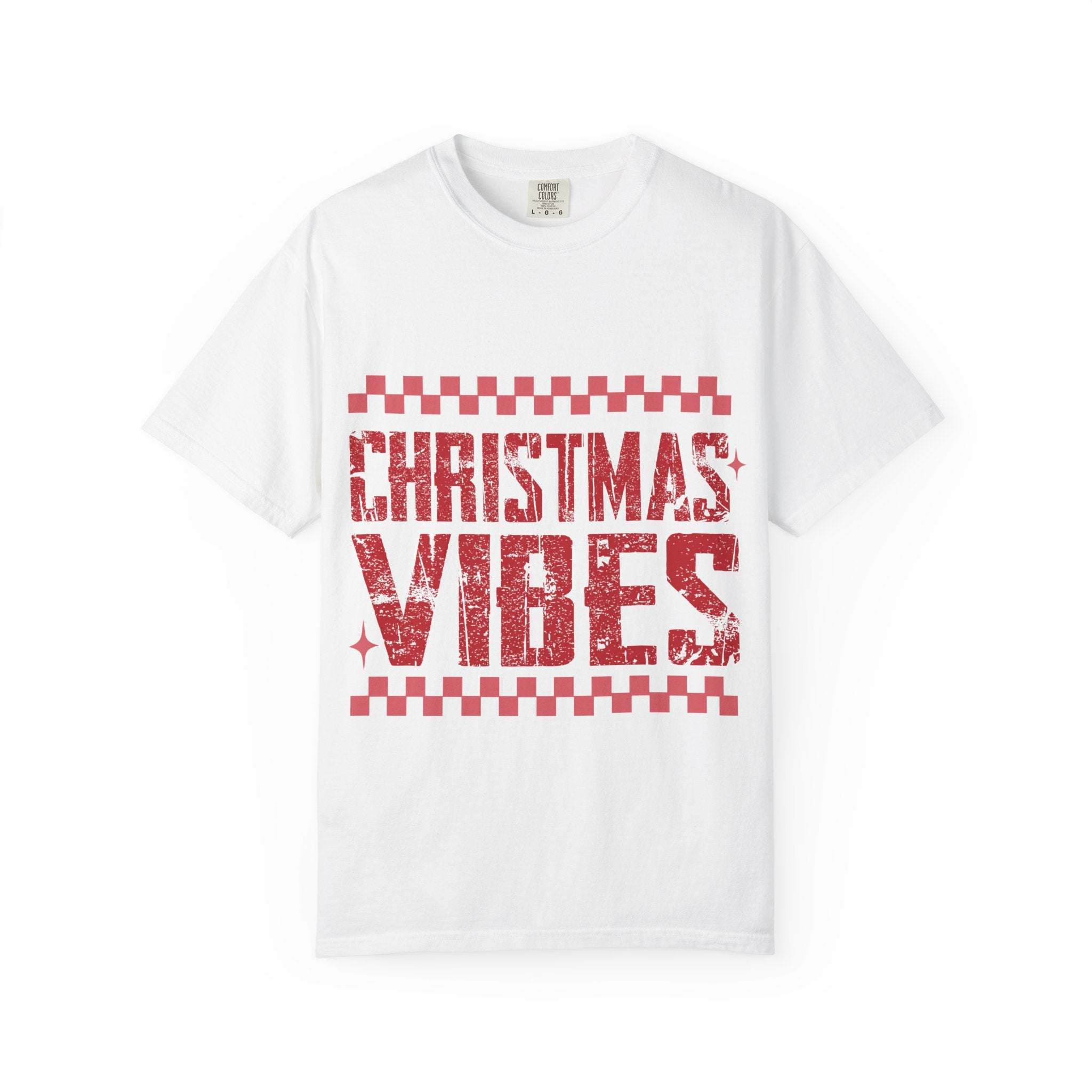 Distressed Christmas Vibes garment-dyed vintage holiday T-shirt with faded festive graphics and soft, worn-in look