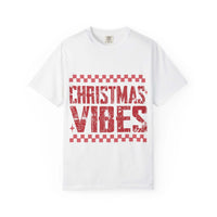 Distressed Christmas Vibes garment-dyed vintage holiday T-shirt with faded festive graphics and soft, worn-in look