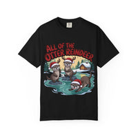 Black Otter Reindeer Tee with festive otters wearing Santa hats on ice and holiday cabin background