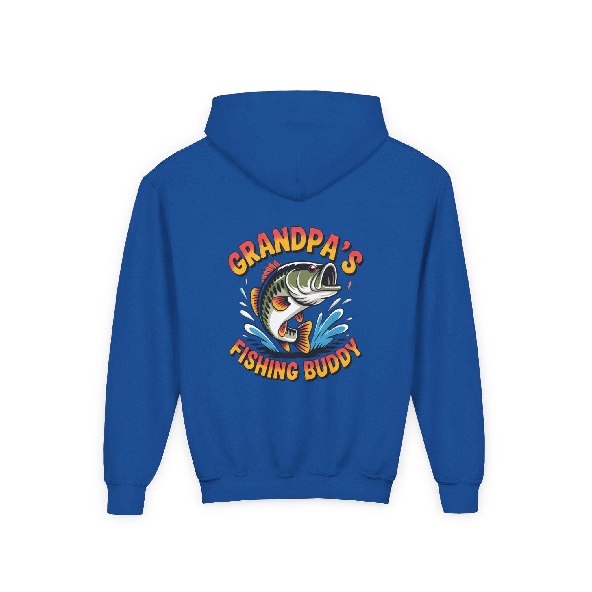 Youth hooded sweatshirt with embroidered Grandpa’s Fishing Buddy design and kangaroo pocket for kids