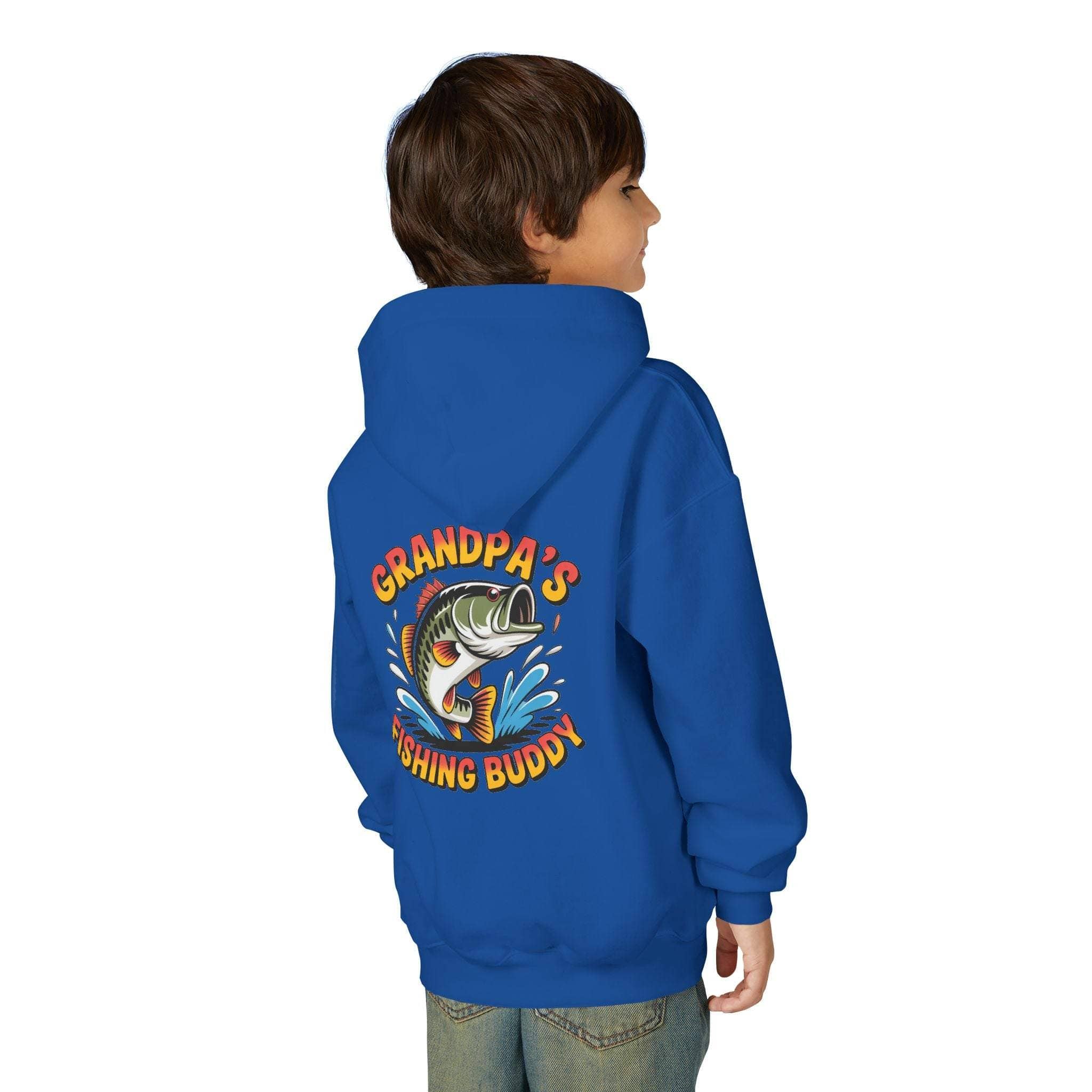 Youth hoodie with embroidered Grandpas Fishing Buddy design and kangaroo pocket