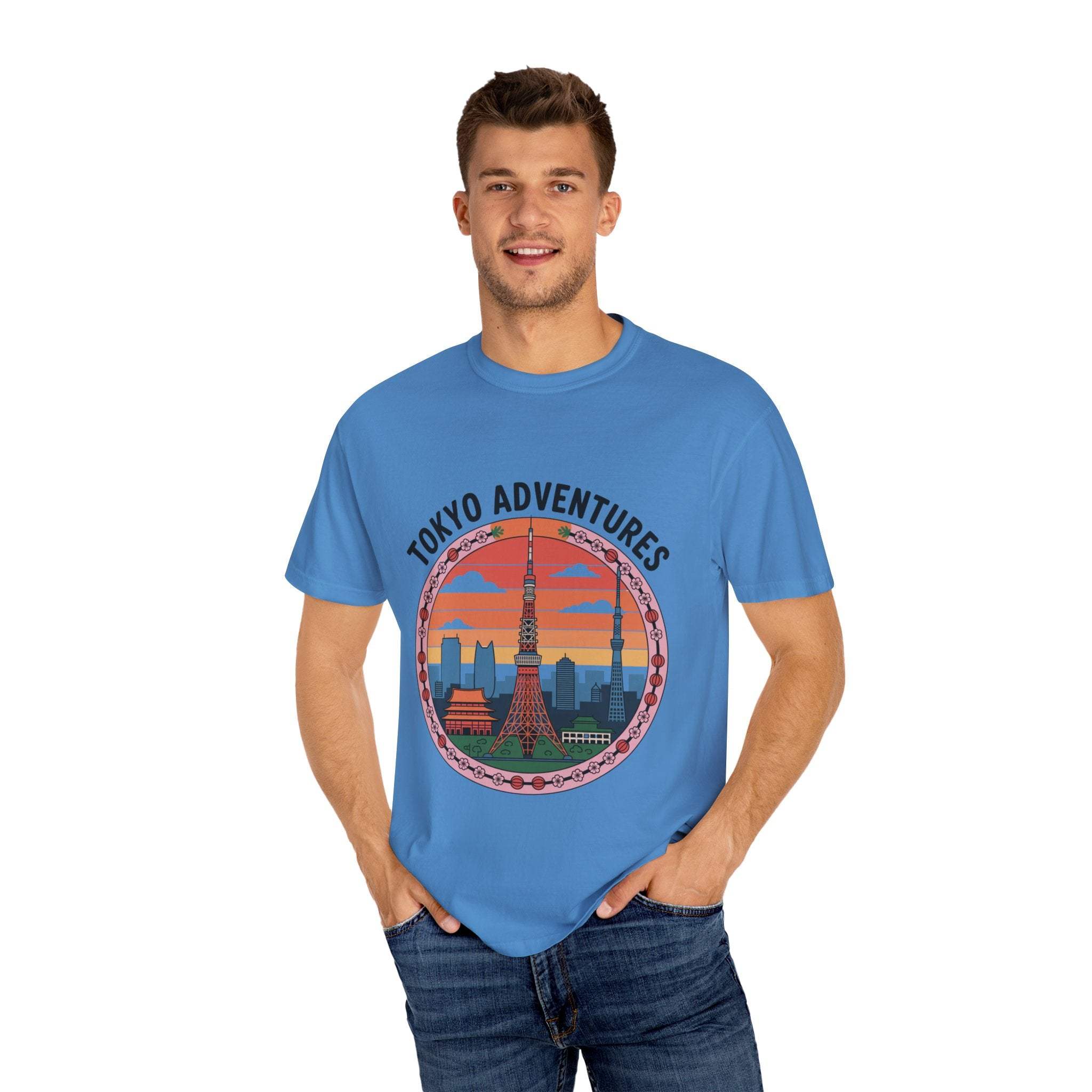 Blue garment-dyed T-shirt with Tokyo Adventures Travel graphic, soft cotton, durable double-needle stitching, sizes S-4XL