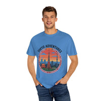 Blue garment-dyed T-shirt with Tokyo Adventures Travel graphic, soft cotton, durable double-needle stitching, sizes S-4XL