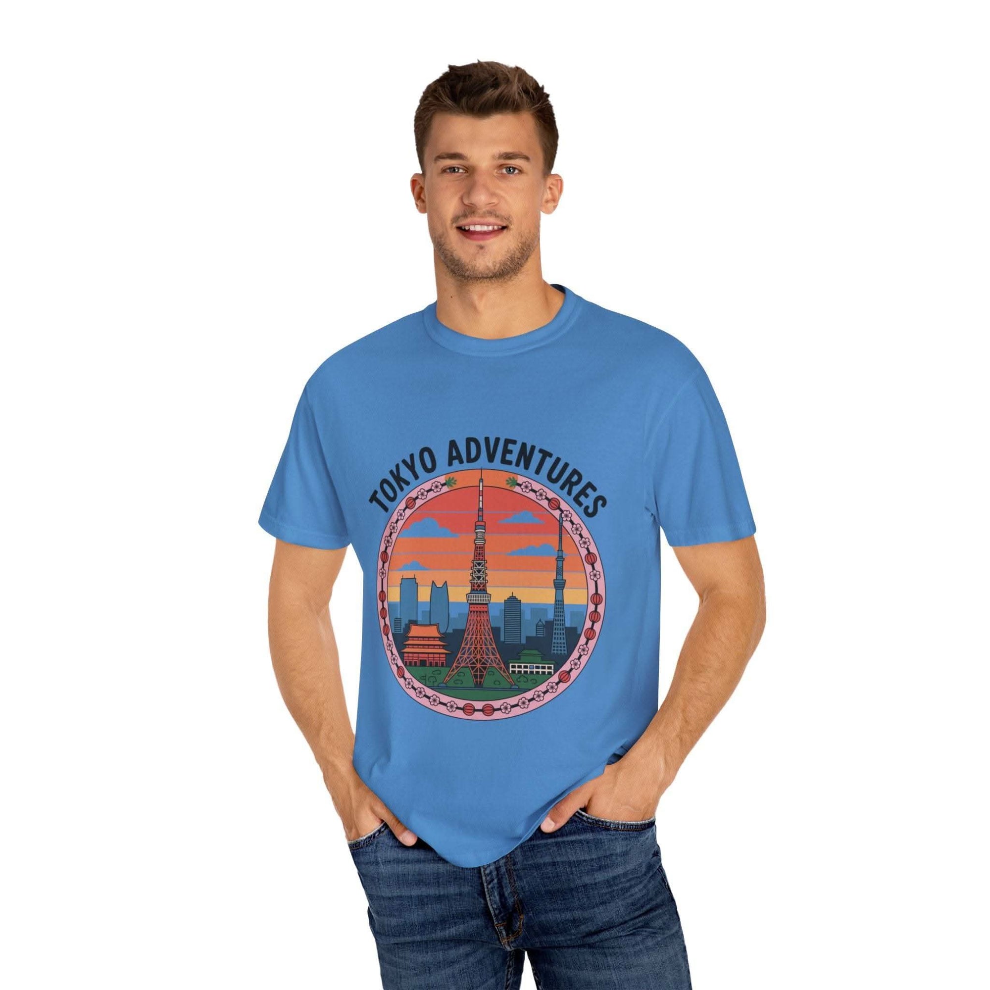 Blue garment-dyed T-shirt with Tokyo Adventures Travel graphic, soft cotton, durable double-needle stitching, sizes S-4XL