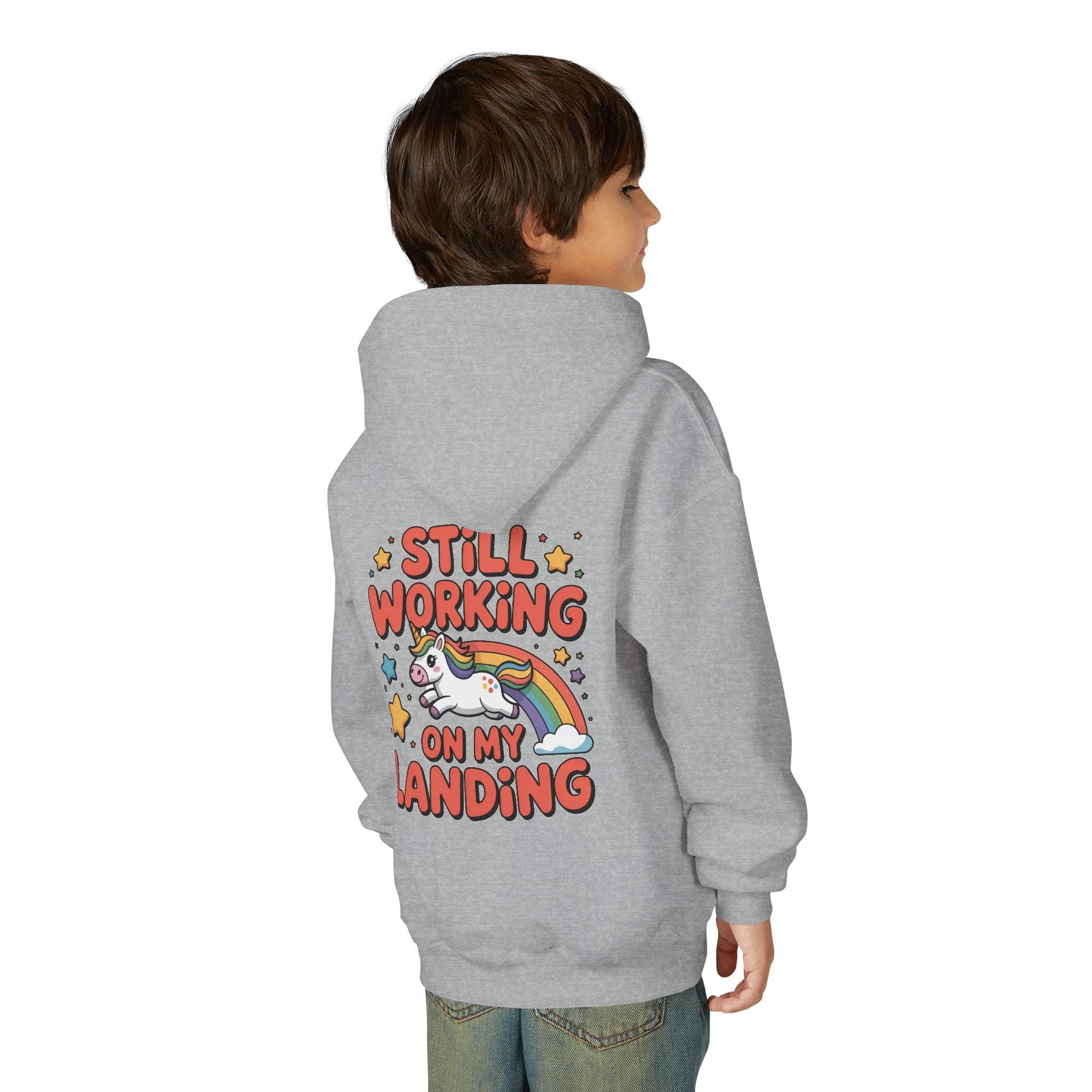Still Working On My Landing Hoodie | Kids Unicorn Rainbow Design