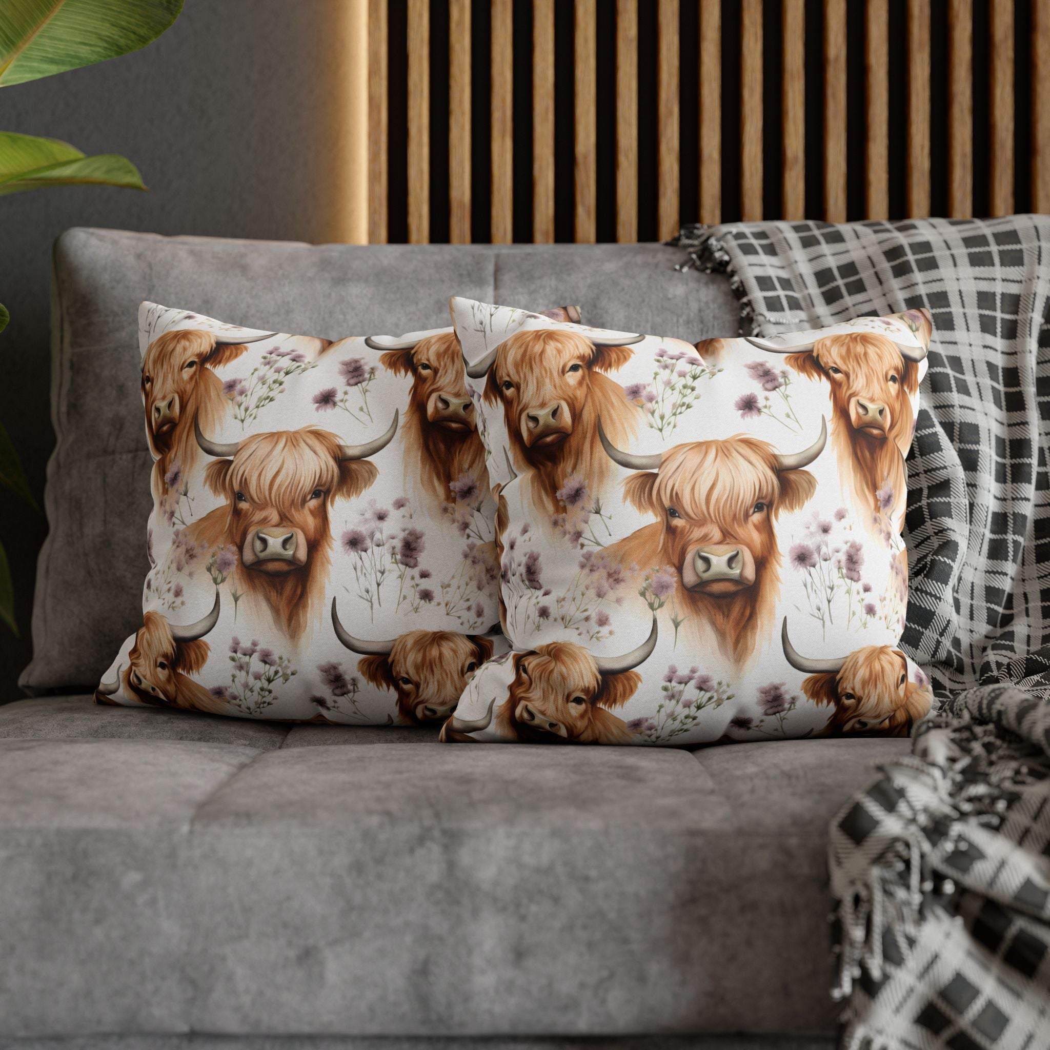 Floral Highland Cow decorative pillowcase with delicate blooms and long-haired cow design