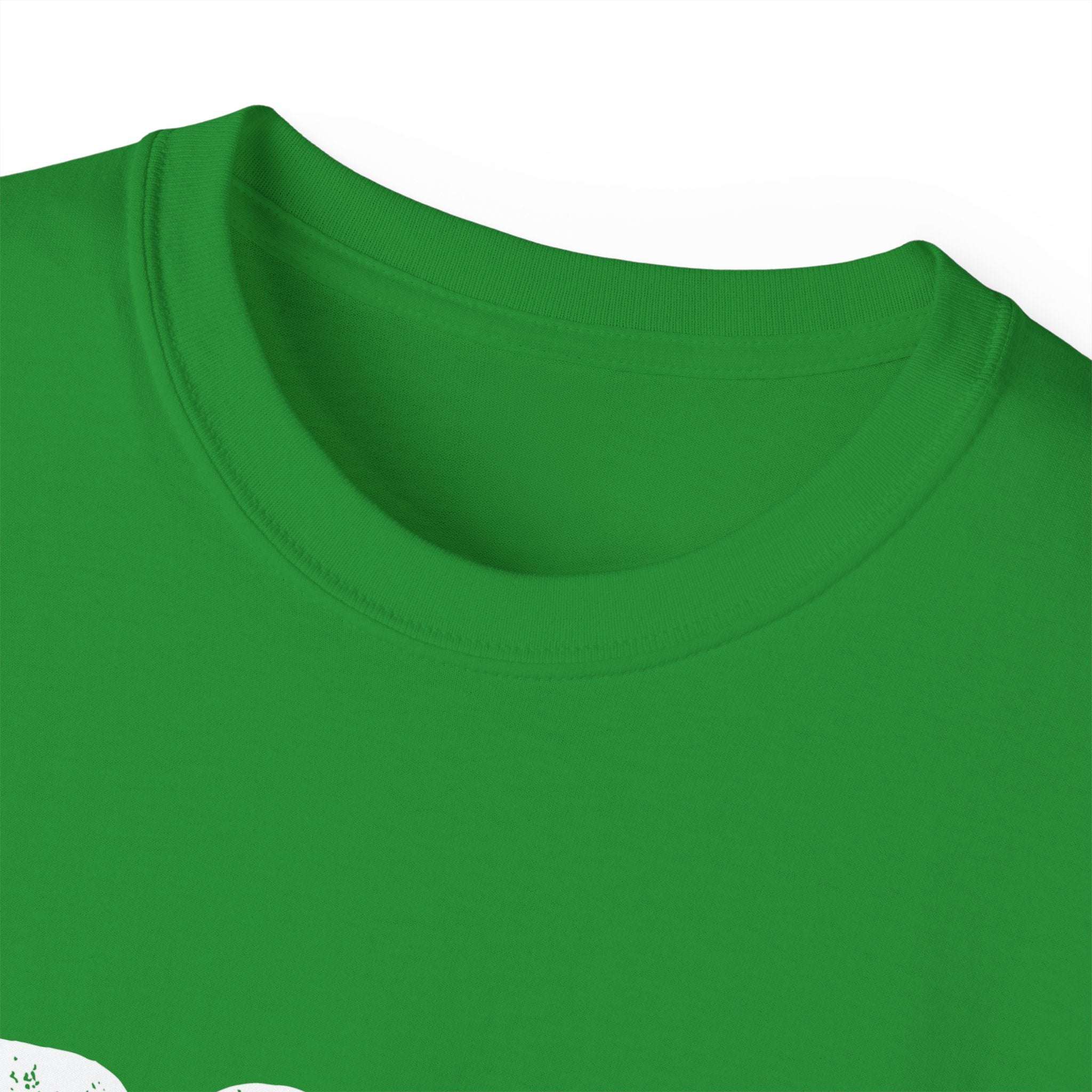 Close-up of green Distressed Frosty T-Shirt neckline made of 100% US cotton