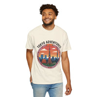 Garment-dyed T-shirt with Tokyo Adventures travel graphic, soft cotton, durable stitching, available in multiple sizes