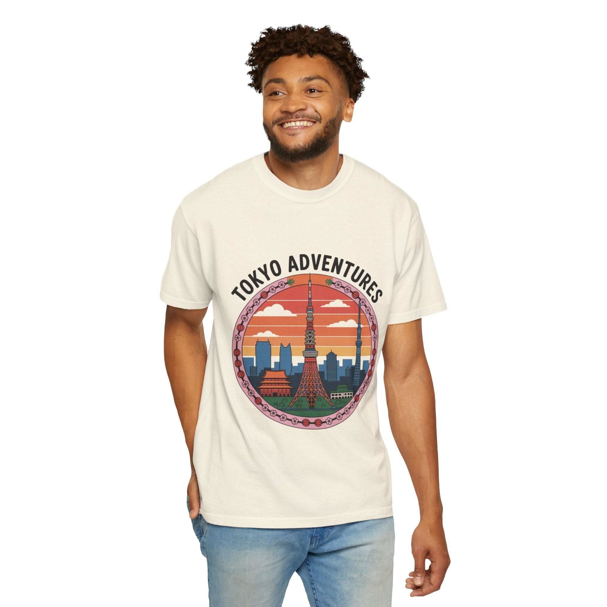 Garment-dyed T-shirt with Tokyo Adventures travel graphic, soft cotton, durable stitching, available in multiple sizes