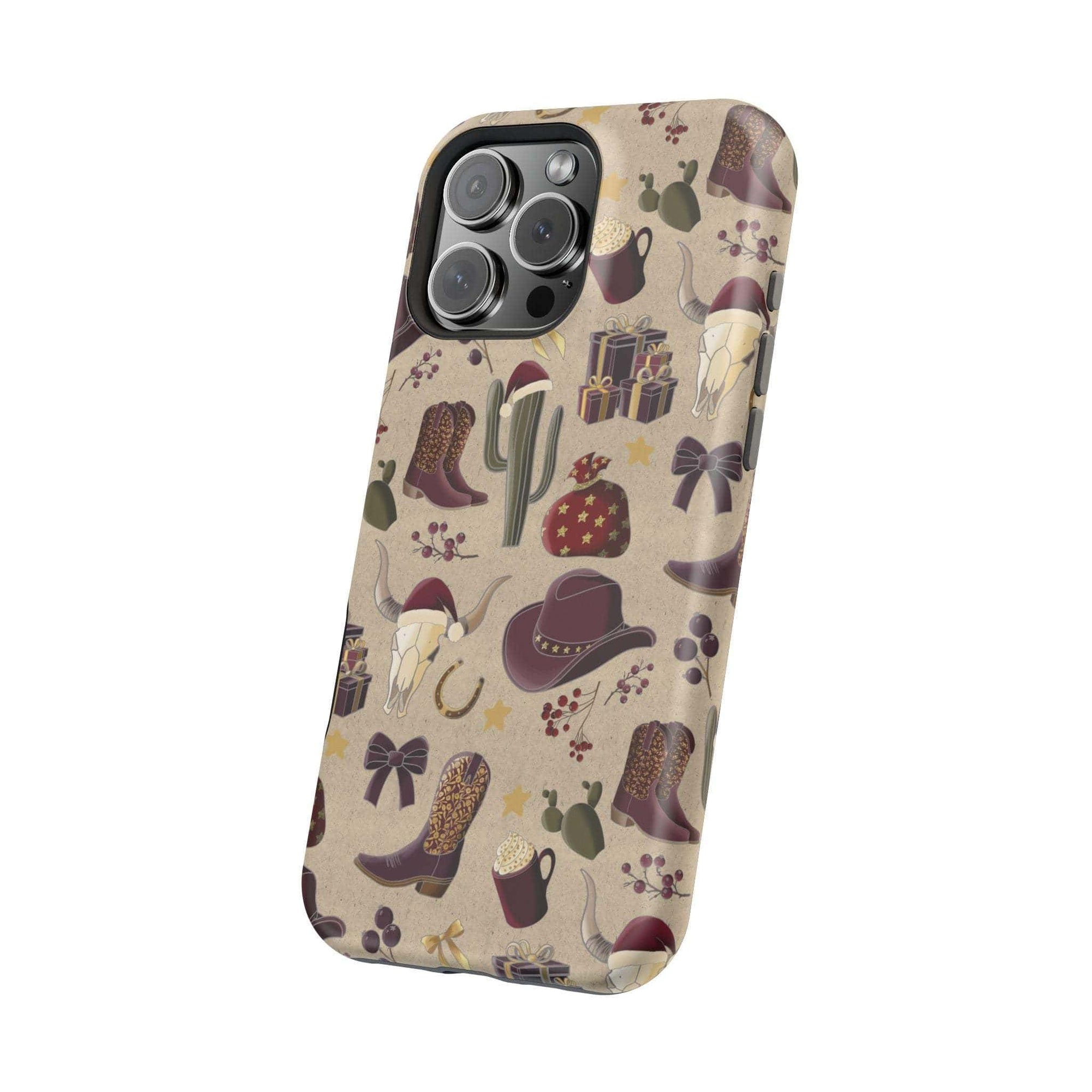 Cowboy Christmas design phone case for iPhone 17 in glossy finish by Printify, featuring festive colors and patterns.
