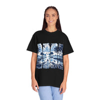 Blue Chinoise Brushstroke T-Shirt with soft blue chinoiserie brushstroke design on garment-dyed cotton fabric