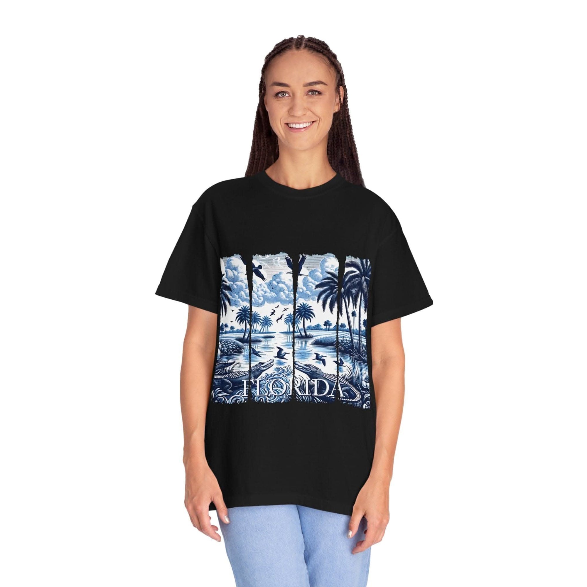 Blue Chinoise Brushstroke T-Shirt with soft blue chinoiserie brushstroke design on garment-dyed cotton fabric