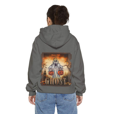 Person wearing a gray vintage ghost movie ticket hoodie with spooky Halloween ghost and pumpkin design on the back