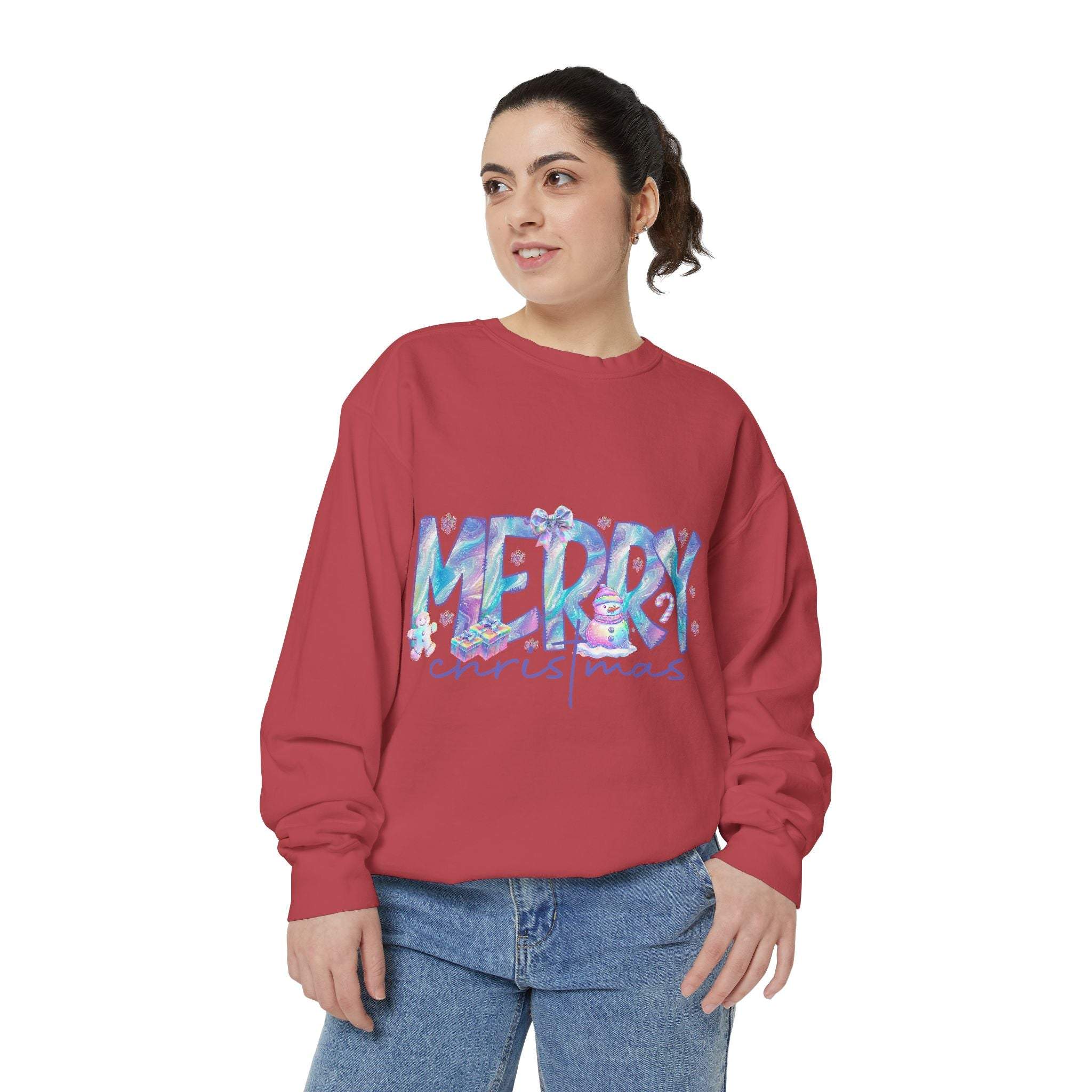 woman wearing red iridescent Merry Christmas sweatshirt with blue jeans holiday apparel