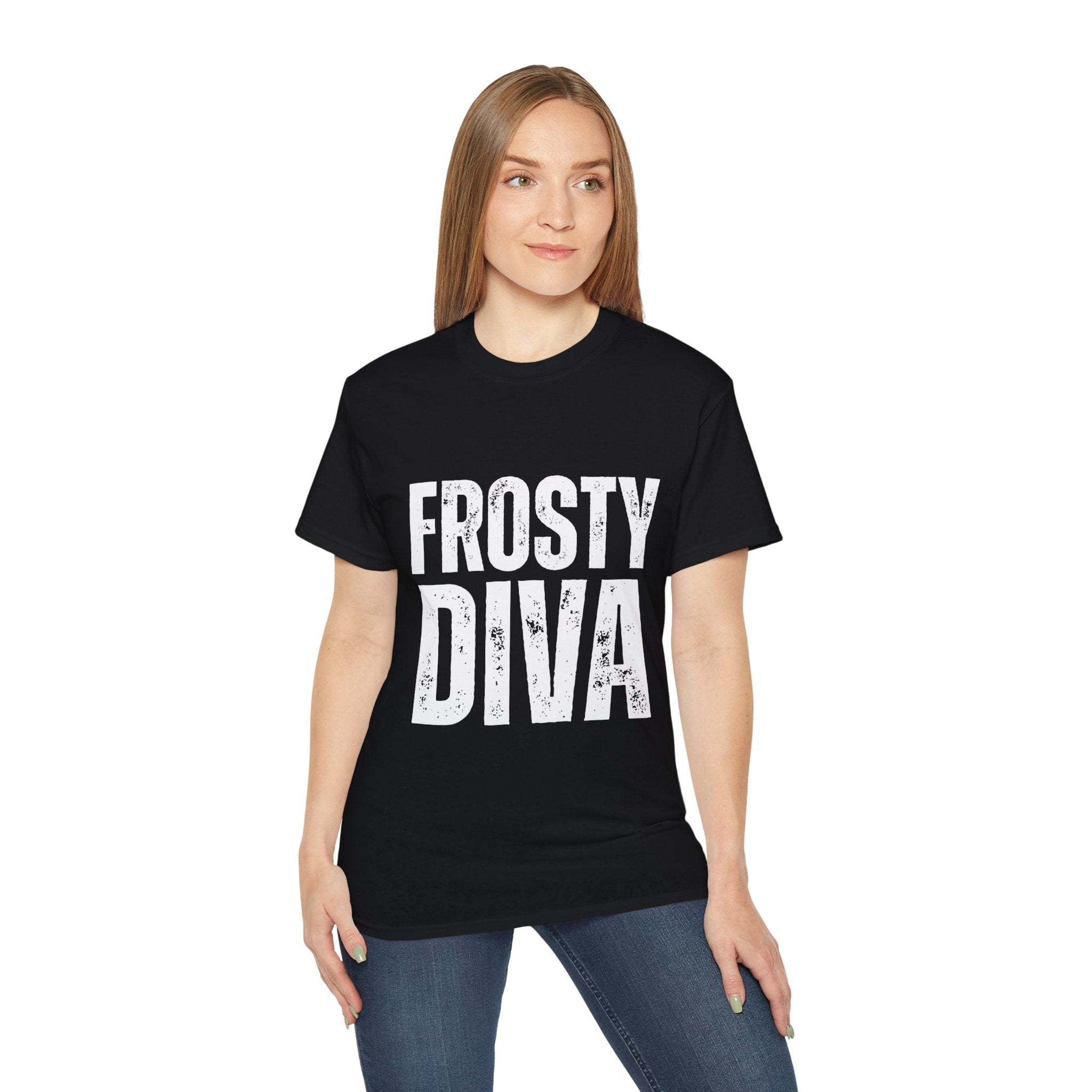 Woman wearing black distressed frosty diva t-shirt made of 100% US cotton