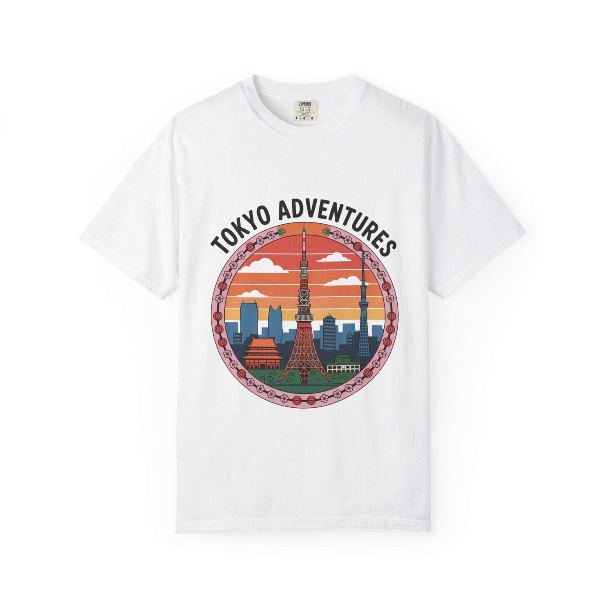 White garment-dyed T-shirt with Tokyo Adventures travel graphic and cityscape design