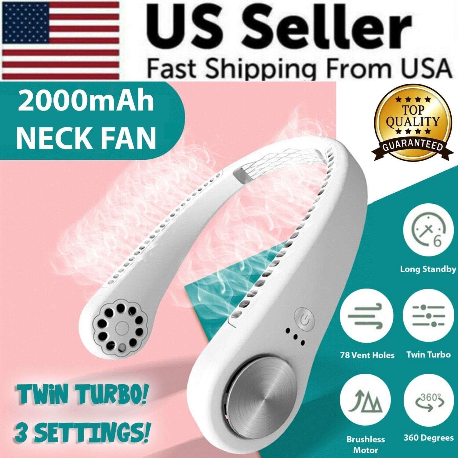 White USB portable neck fan with twin turbine design and USB-C charging cable