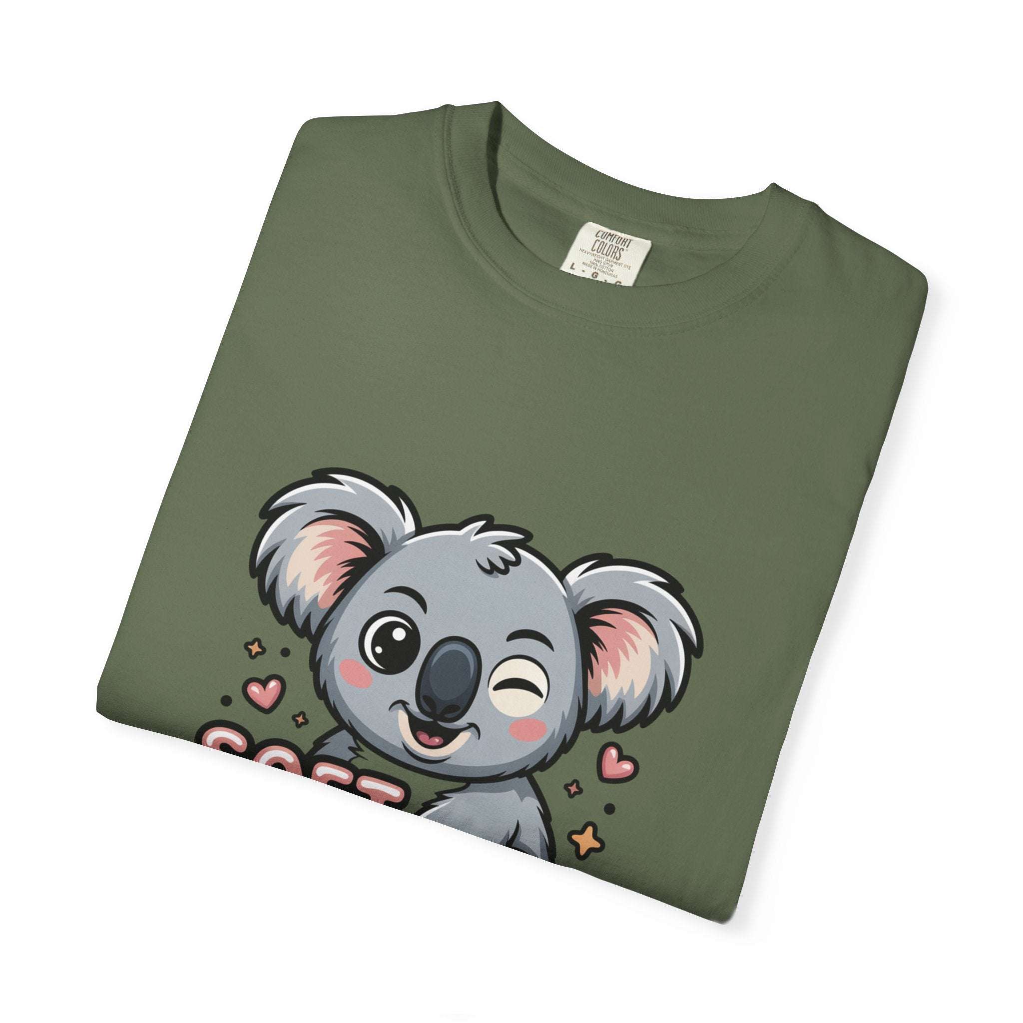 Green koala t-shirt with "Soft on the Outside, Savage on the Inside" graphic and vintage wash finish