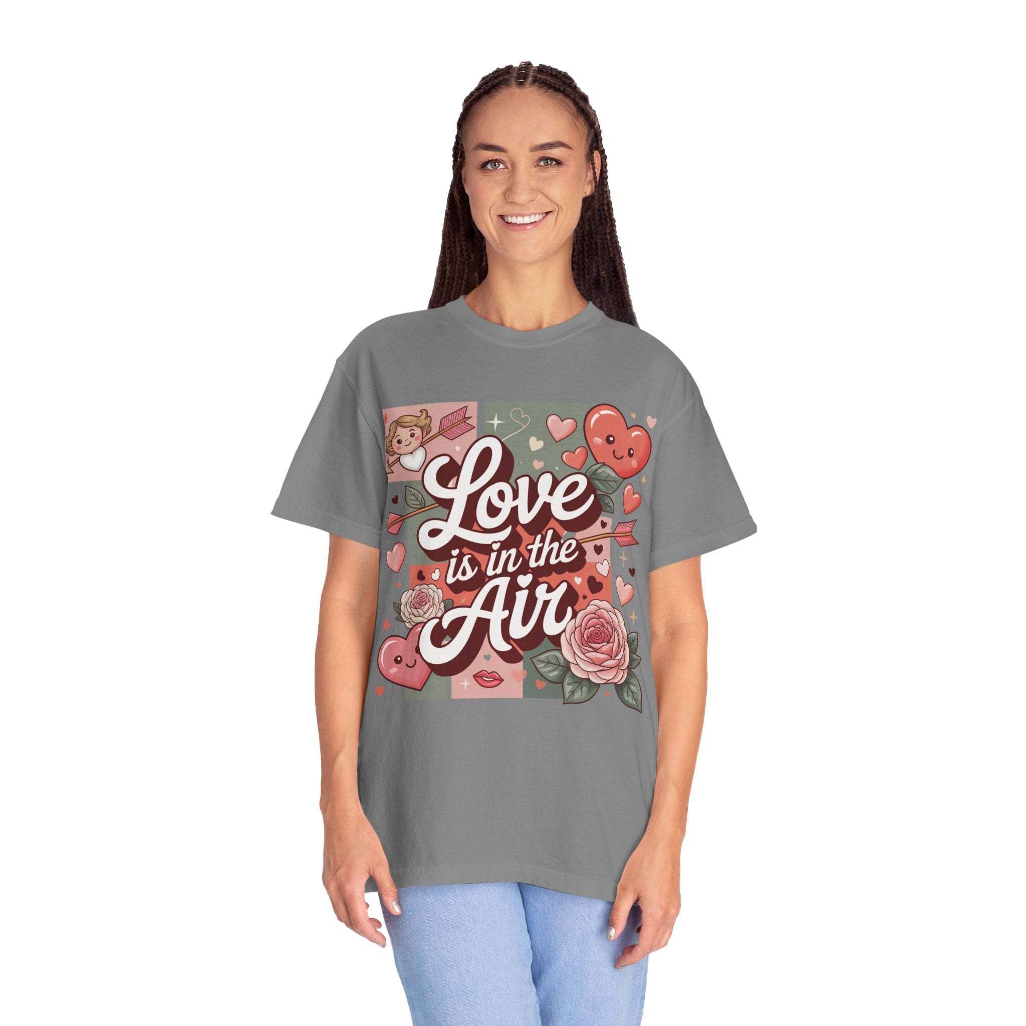 Valentine's t-shirt with "Love Is in the Air" hearts collage in muted vintage style