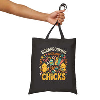 Scrapbooking with My Chicks Tote featuring playful chick design on durable cotton canvas bag