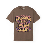 Garment-dyed black T-shirt with 'Embrace the Wild Side' print, unisex style by Printify