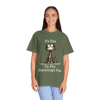 Person wearing a green t-shirt with a graphic and text on a white background