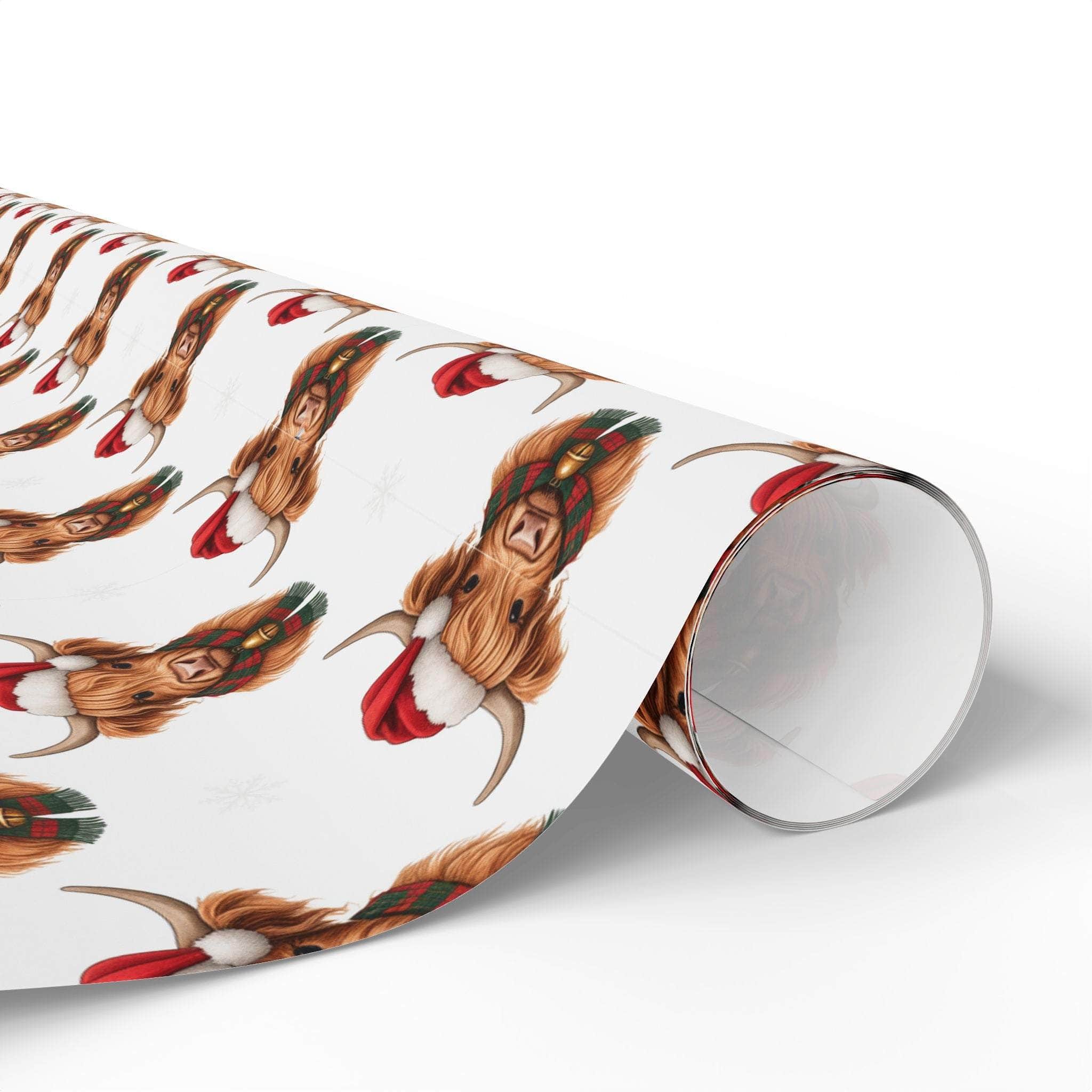 Santa Highland Cows Christmas gift wrapping papers with festive hats and plaid scarves on white background